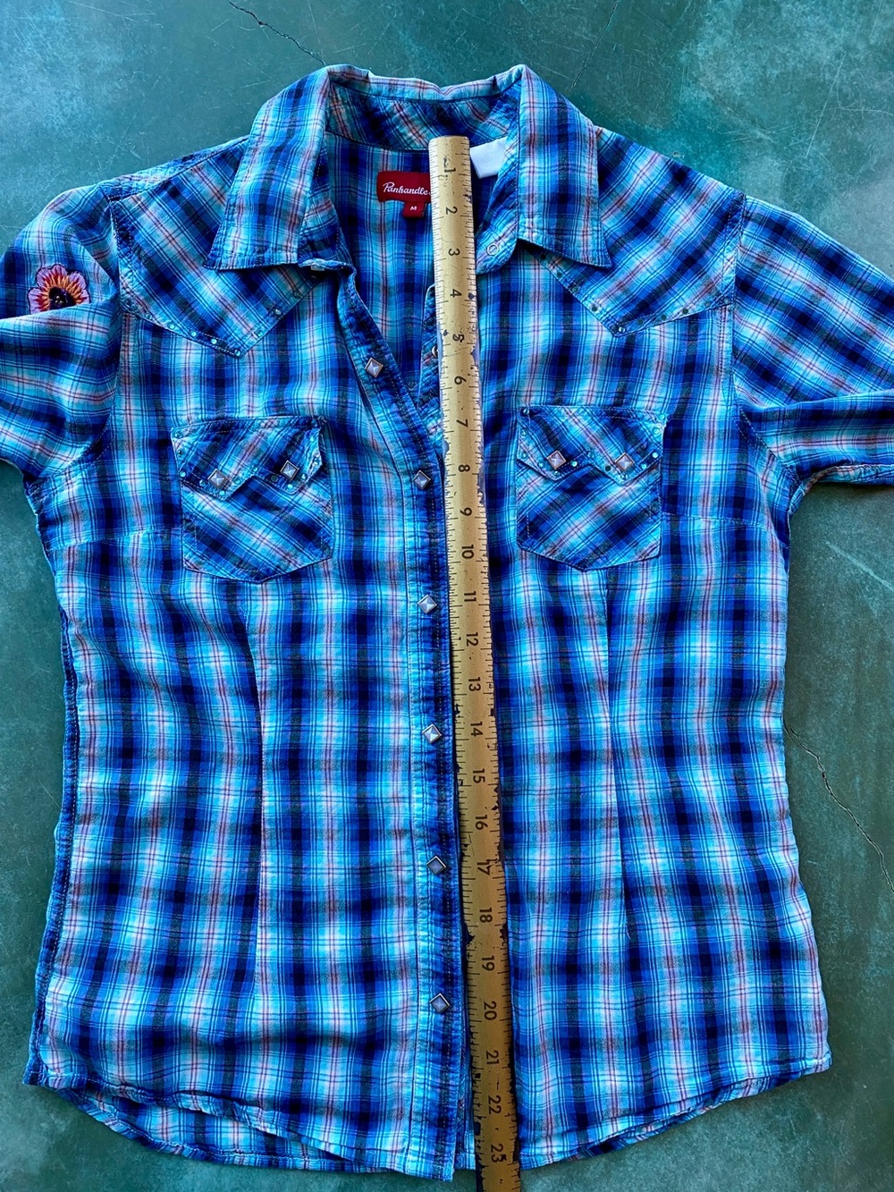 Panhandle Slim Blue Plaid Short-Sleeve Snap-Down Shirt - Picture 8 of 12